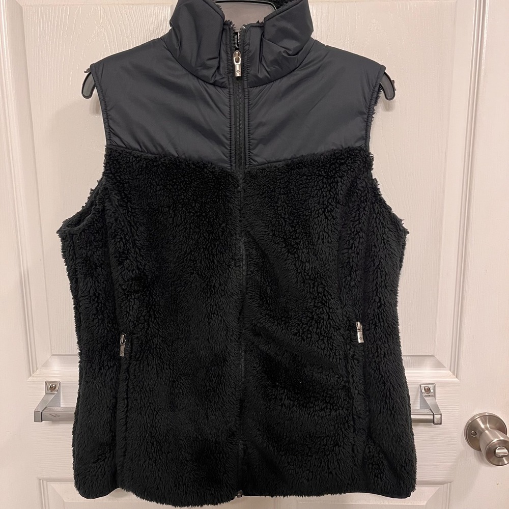 Columbia Womens Black Sherpa Fleece Full Zip Vest Nylon Yoke Large